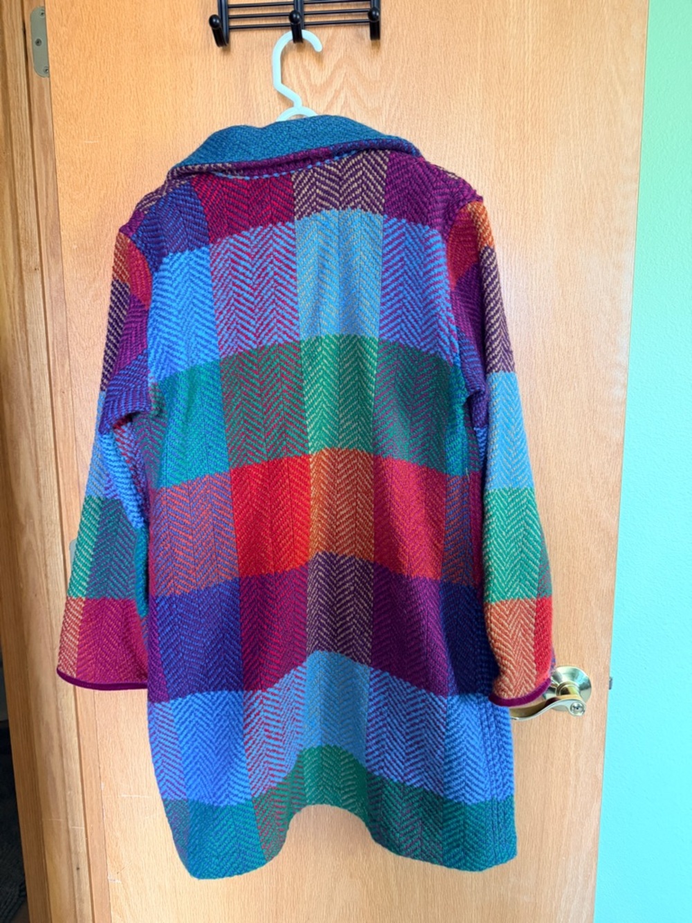 Women's Multicolor Patchwork Wool Pea Coat - Vibrant Check - Picture 2 of 3